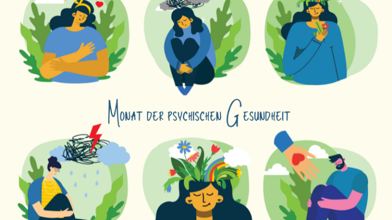 Illustration zum Monat der psychischen Gesundheit mit sechs Szenen, die emotionale Themen und Selbstfürsorge darstellen.