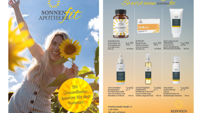 Frau mit Sonnenblume in der Hand steht im Feld, Werbung für Sonnenprodukte und Gesundheitsbooster neben ihr.