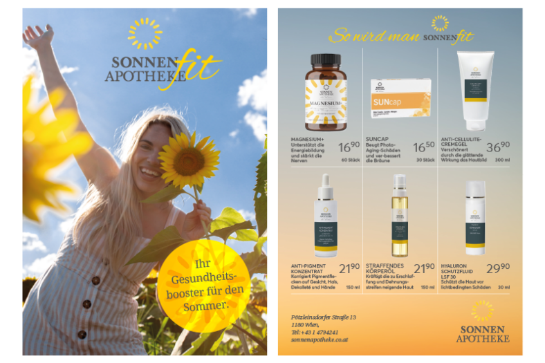 Frau mit Sonnenblume in der Hand steht im Feld, Werbung für Sonnenprodukte und Gesundheitsbooster neben ihr.