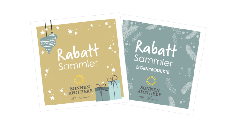 Zwei Rabattkarten der Sonnen Apotheke in Gold und Blau mit weihnachtlichen Motiven und Texten.