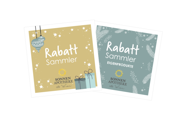 Zwei Rabattkarten der Sonnen Apotheke in Gold und Blau mit weihnachtlichen Motiven und Texten.
