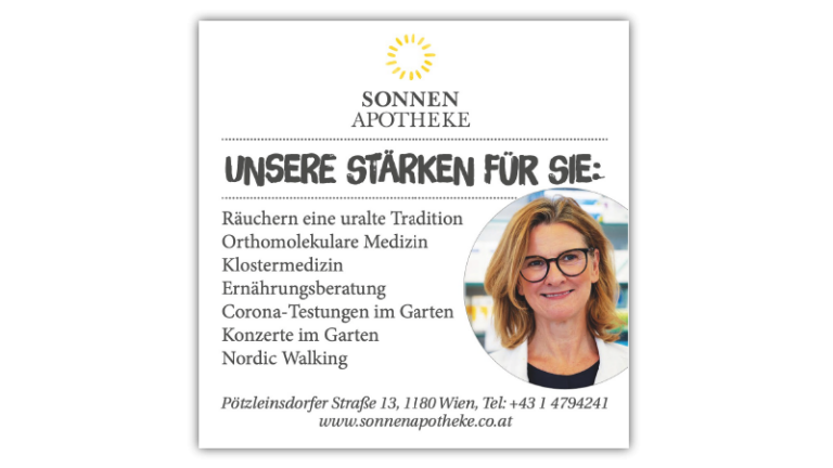 Werbung für die Sonnen Apotheke mit Auflistung ihrer Stärken und einem Bild einer lächelnden Apothekerin.