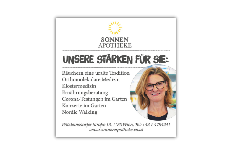 Werbung für die Sonnen Apotheke mit Auflistung ihrer Stärken und einem Bild einer lächelnden Apothekerin.