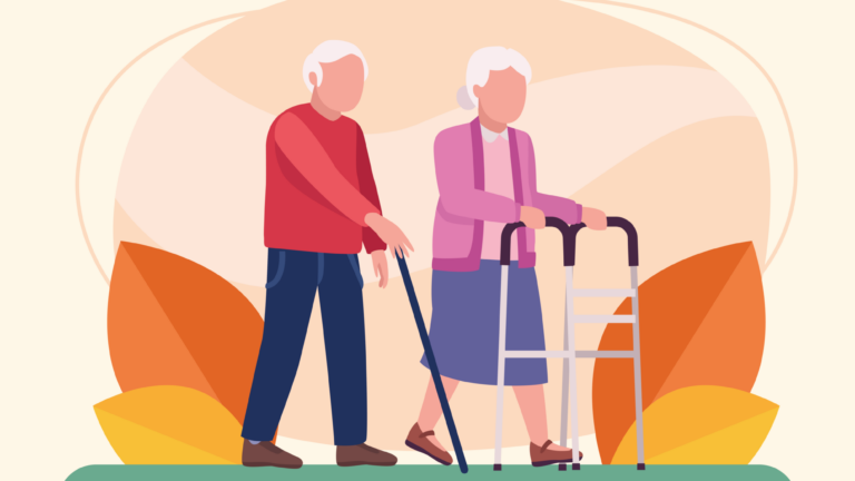 Ein älteres Paar geht zusammen, der Mann mit einem Gehstock und die Frau mit einem Rollator, umgeben von bunten Laubblättern.