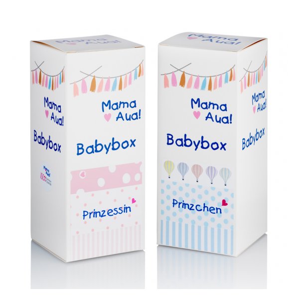 Zwei Babyboxen mit bunten, kindlichen Designs: eine in Rosa mit Punkten, die andere in Blau mit Luftballons.