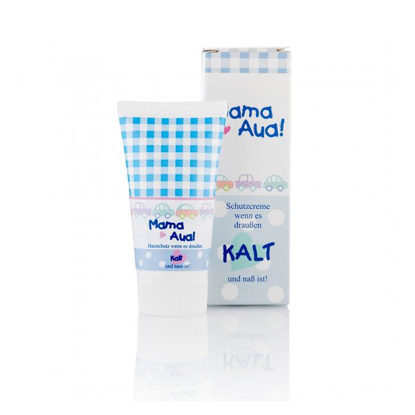 Squeeze-Tube mit blauer karierten Verpackung, enthält Schutzcreme für empfindliche Haut bei kaltem Wetter.