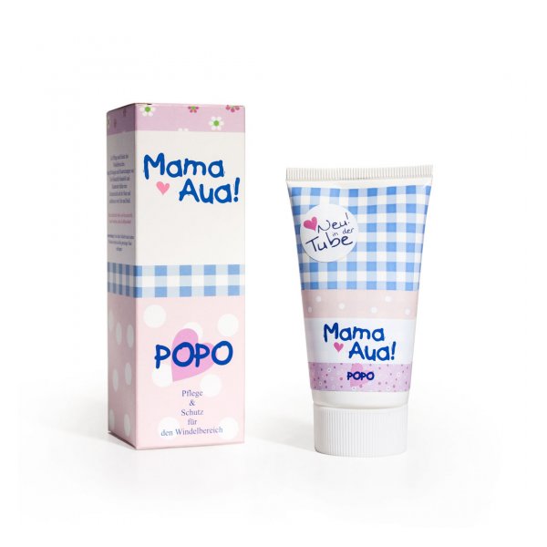 Verpackung einer Pflegecreme für den Windelbereich mit einem rosa- und blauen Design.