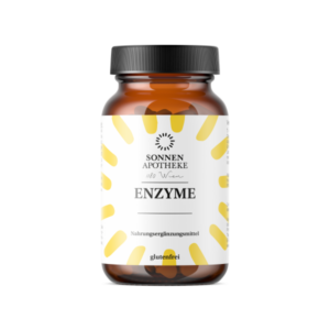 Braune Glasflasche mit schwarzen Deckel, etikettiert mit "ENZYME" und der Aufschrift "glutenfrei".