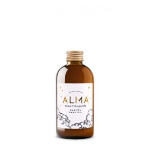 Braune Glasflasche mit goldener Schraubkappe und etiket in Weiß mit schwarzem Druck und Sternen, enthält Babyöl.