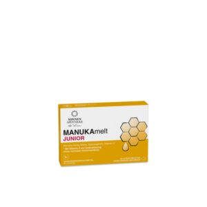 Verpackung von MANUKAmelt JUNIOR mit Lutschtabletten aus Manuka-Honig, Vitamin C und weiteren Zutaten, Honig-Himbeer-Geschmack.