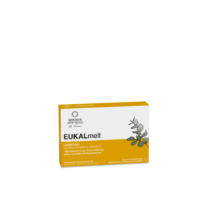 Packung mit Lutschtabletten für das Immunsystem, geschmacklich nach Eukalyptus-Zitrone, glutenfrei.