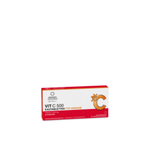 Verpackung von Vitamin C 500 mg Kautabletten mit Orangengeschmack, zuckerfrei, in einer roten Box.