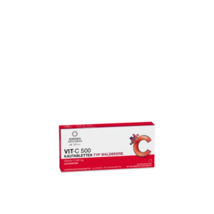Packung mit 20 Kautabletten Vitamin C 500 mg, zuckerfrei, Waldbeergeschmack von Sonnen Apotheke.