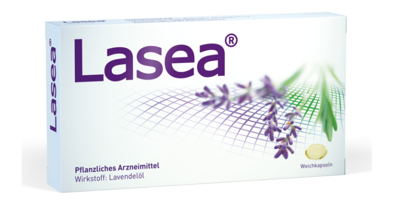 Verpackung von Lasea, einem pflanzlichen Arzneimittel mit Lavendelöl. Weichkapseln in der Box.