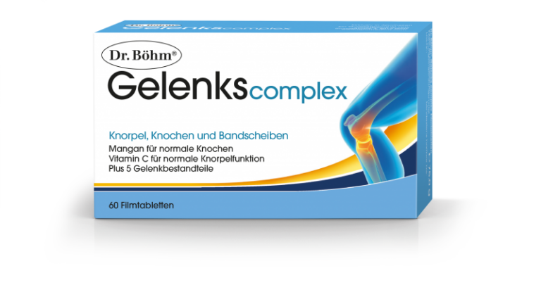 Verpackung von Dr. Böhm Gelenkscomplex für Knorpel, Knochen und Bandscheiben mit 60 Filmtabletten.