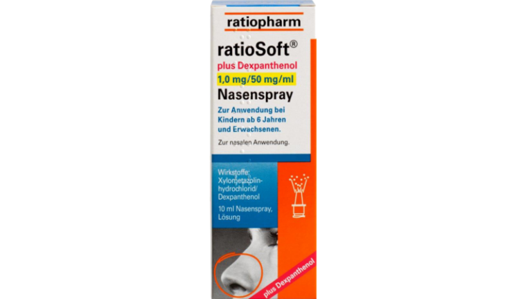 Verpackung eines Nasensprays von ratiopharm, enthält Dexpanthenol für Erwachsene und Kinder ab 6 Jahren zur nasalen Anwendung.