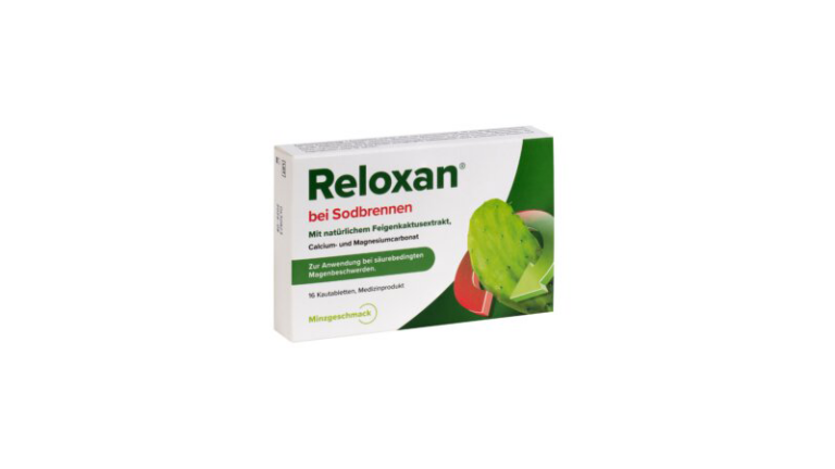 Packung Reloxan bei Sodbrennen mit Feigenkaktusextrakt, Calcium und Magnesiumcarbonat, 16 Kautabletten.