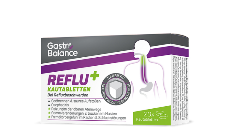 Verpackung von GastroBalance REFLU+ Kautabletten zur Linderung von Refluxbeschwerden, mit Hinweis auf Barriere und Neutralisation.